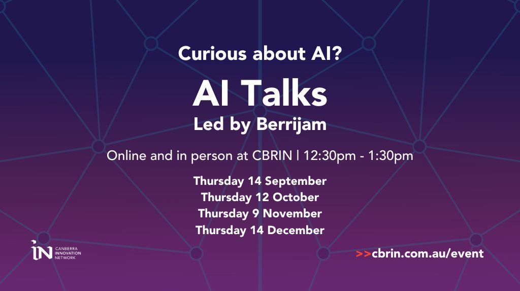 AI Talks event tile. Led by Berrijam. First Thursday of each month, online and in person. 12.30-1.30pm