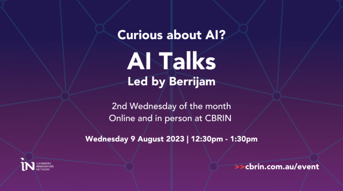 Event tile for AI Talks, led by Berrijam. 2nd Wednesday of every month. Online and in person at CBRIN. 12.30-1.130pm