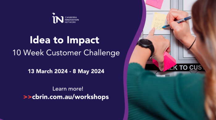 Event tile with CBRIN logo at the top. "Idea to Impact 10 week customer challenge" 13 March 2024 to 8 May 2024. Learn more! cbrin.com.au/workshops